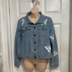 Between Us. Women's Blue Denim Jacket with Butterflies. Size M